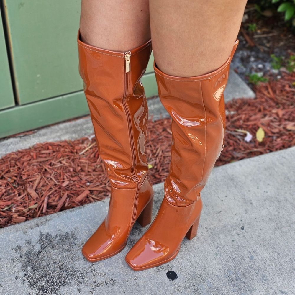 Women's Tan Thigh High Over the Knee Boots Chuncky Heel - Picture 2 of 6